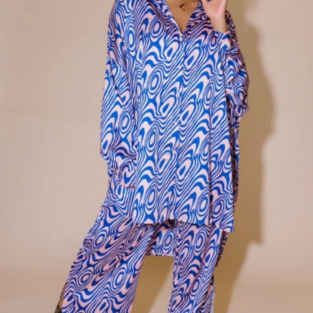 Dressed in LALA Satin Playsuit in Magic Swirl Blue and Pink size small NWT
